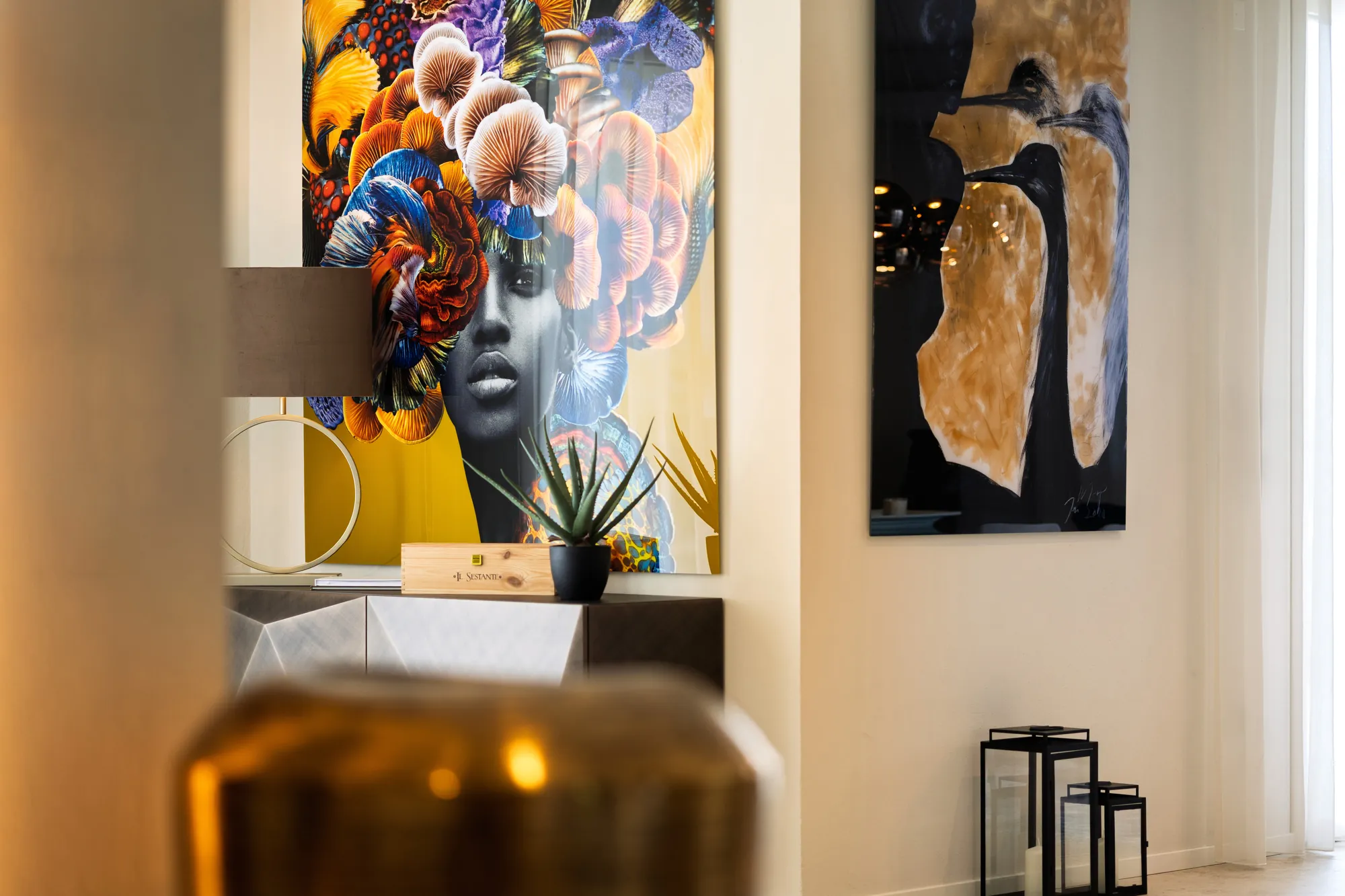 Contemporary artworks and design pieces in the living area