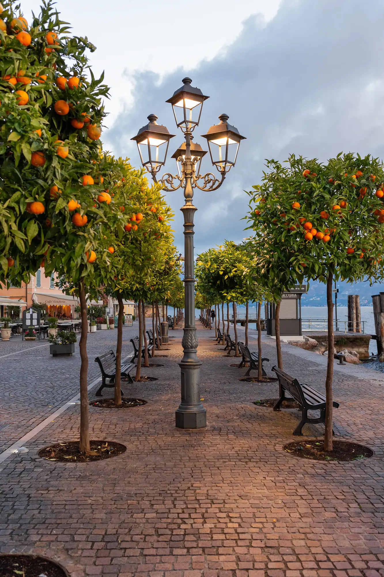 Lakeside promenade in Gargnano lined with citrus trees and old street lamps